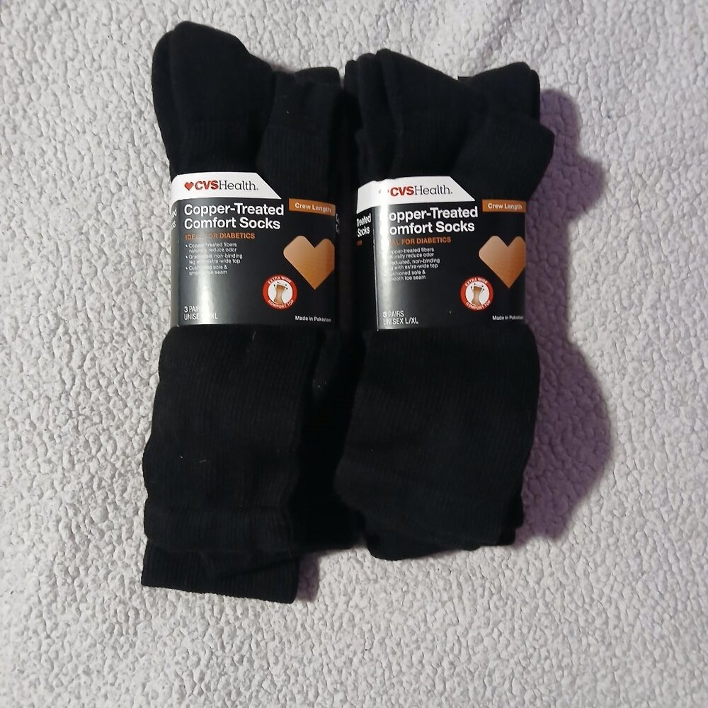 CVS Copper Treated Comfort Socks New Two 3 Packs Black